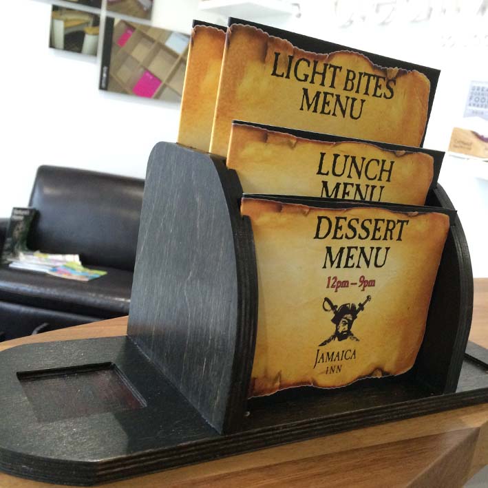 customised menu holders designed and manufactured