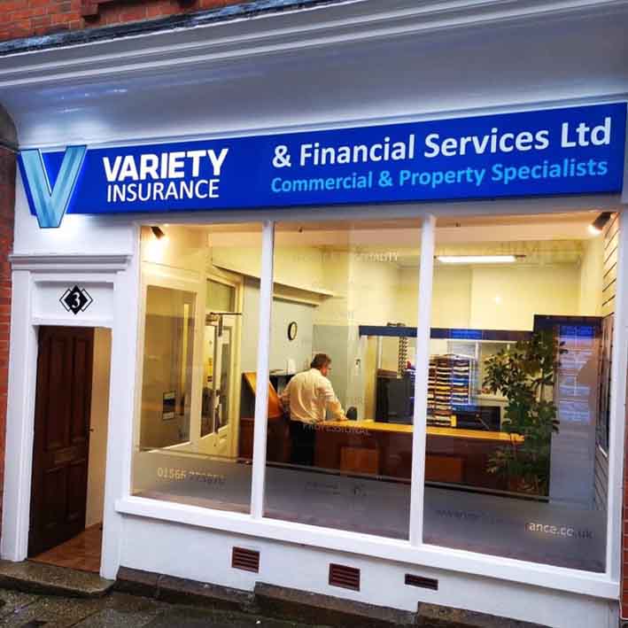 LED illuminated fascia for Variety Insurance in Launceston Cornwall